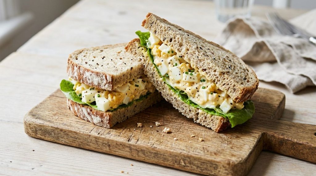 A fresh egg mayonnaise sandwich on whole wheat bread cut in half ready to eat