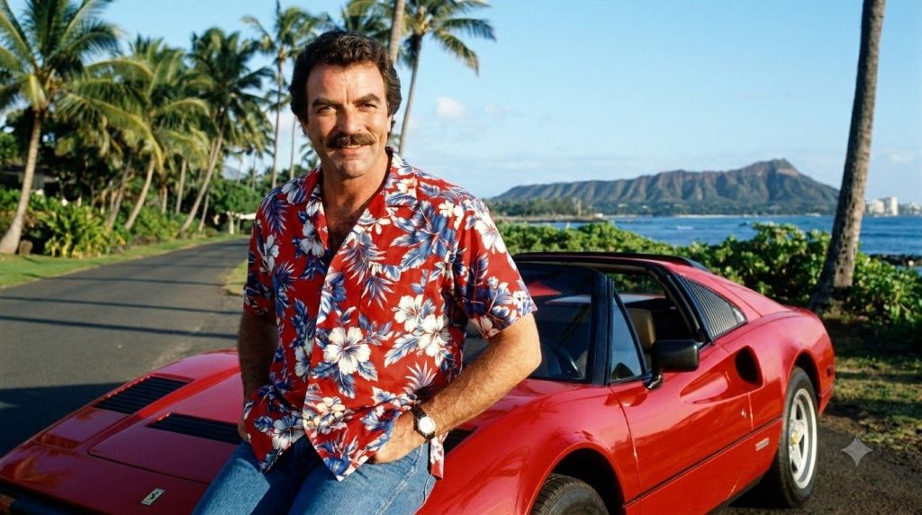Tom Selleck as Thomas Magnum standing next to a red Ferrari wearing a Hawaiian shirt and his iconic mustache The setting