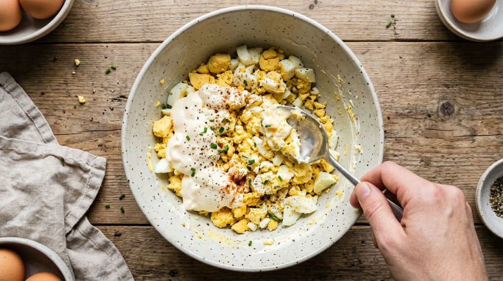 A spoon mixing mayonnaise and seasonings into mashed eggs in a bowl