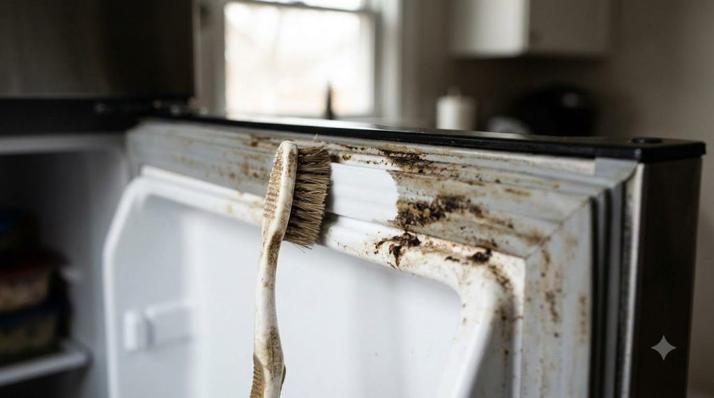 Close-up of a heavily soiled exterior refrigerator door gasket being cleaned with a toothbrush and homemade cleaning sol