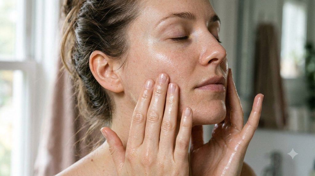 A close-up of a person gently applying a thin layer of baby oil to their clean face perhaps before an ice facial The oil