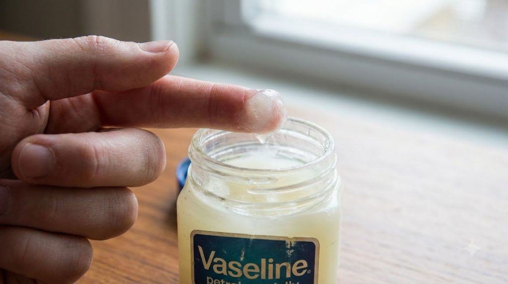 A small amount of Vaseline being scooped from its jar with a fingertip showing its translucent jelly texture Soft lighti