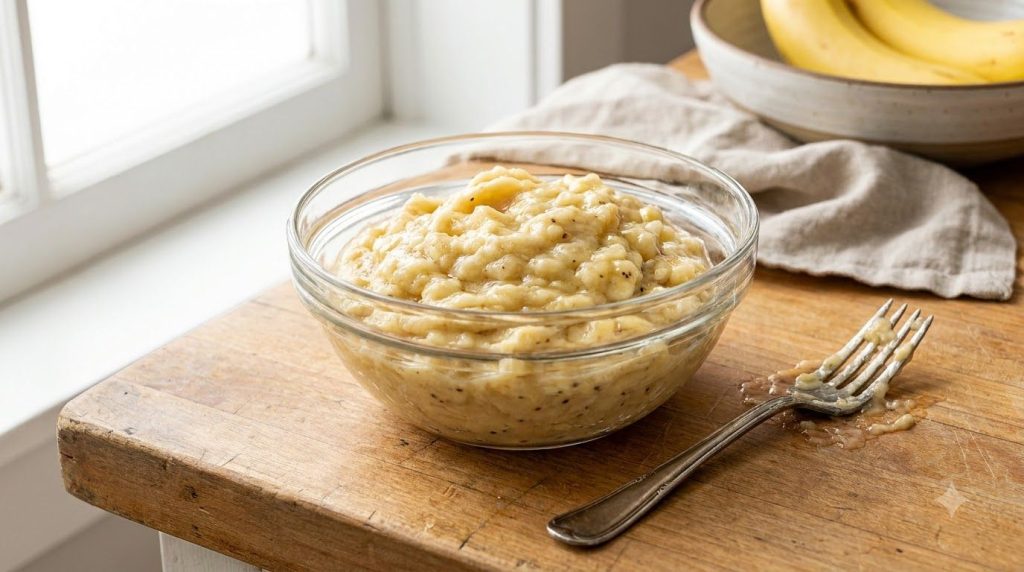 Mashed ripe bananas in a bowl ready to be mixed with other wet ingredients