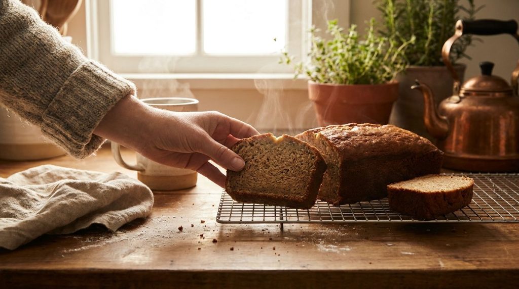 A hand reaching for a slice of stovetop banana bread from a cooling rack