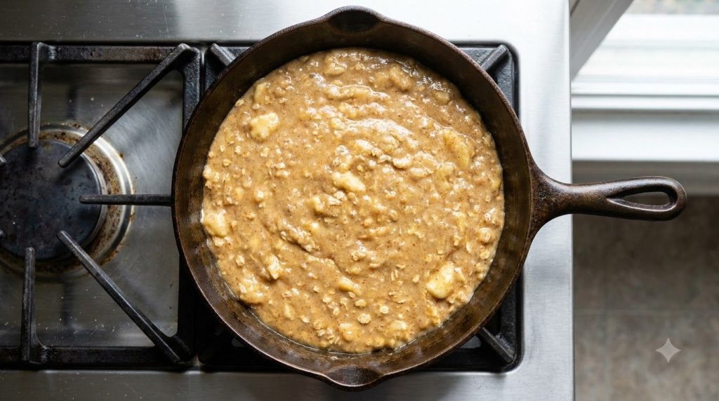 Banana bread batter spread evenly in a cast iron skillet on a stovetop burner