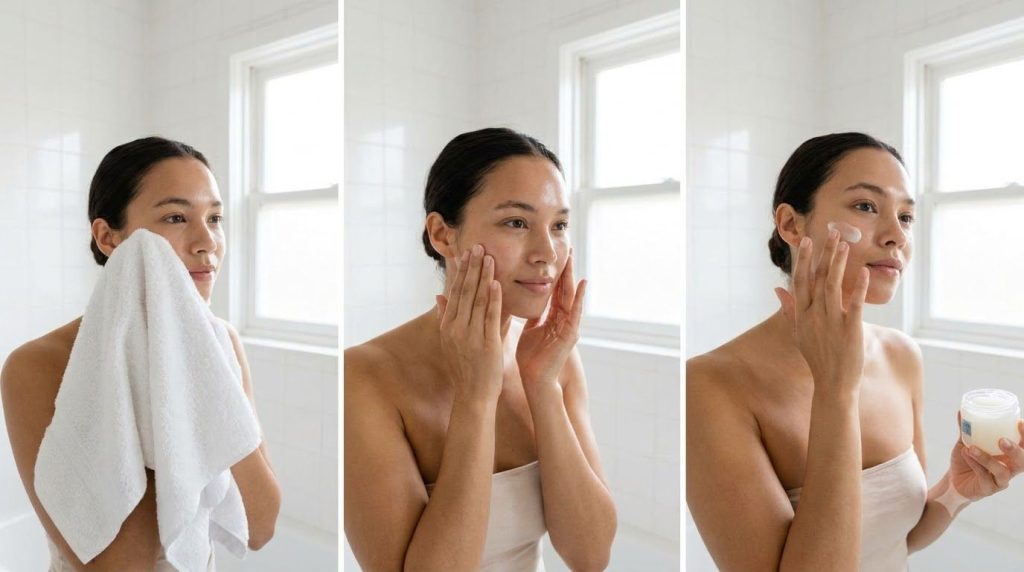 A person gently patting their face with a soft towel after an ice facial followed by applying a thin layer of baby oil a