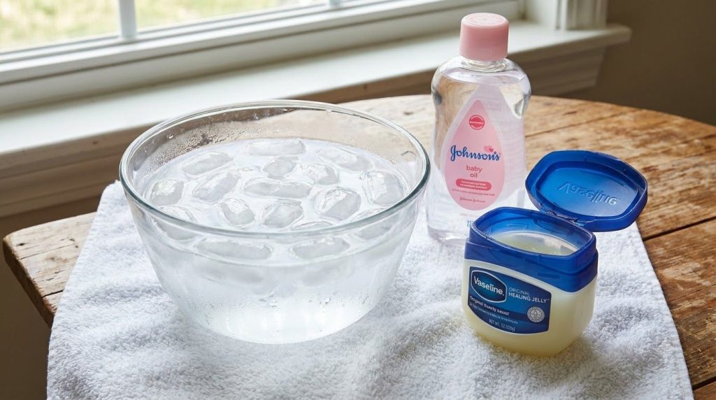 A close-up of a glass bowl filled with ice and water next to a bottle of baby oil and an open jar of petroleum jelly on