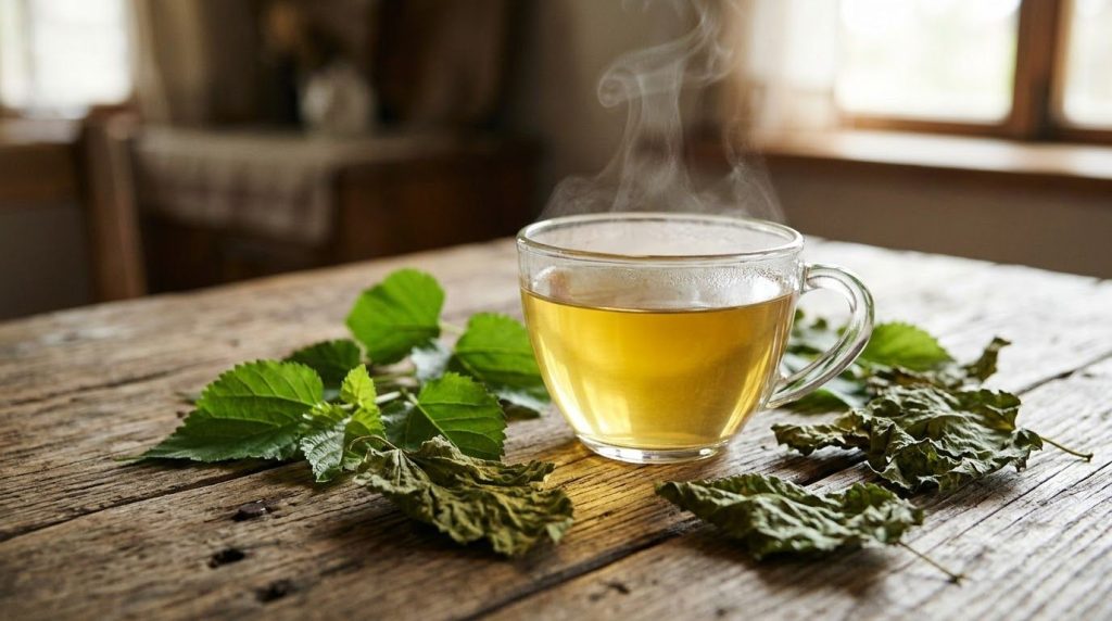 A clear glass cup of steaming yellowish mulberry leaf tea sits on a rustic wooden table surrounded by loose fresh and dr