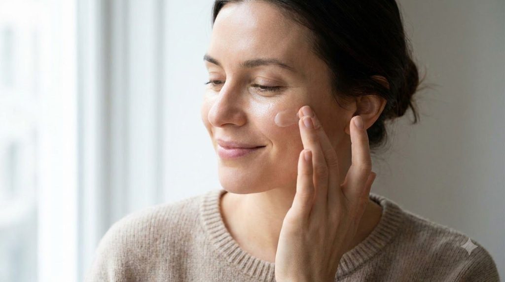 A woman gently applying the homemade balm to her cheek demonstrating the soft glowing effect on her skin