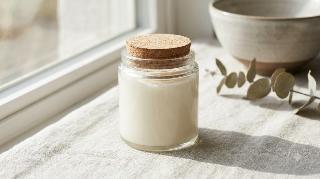 A small clean glass jar filled with the homemade Vaseline baby oil and Vitamin E balm ready for storage