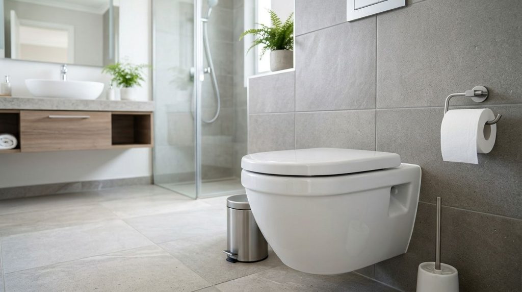 A sparkling clean toilet in a bright modern bathroom showing no stains or dirt reflecting light