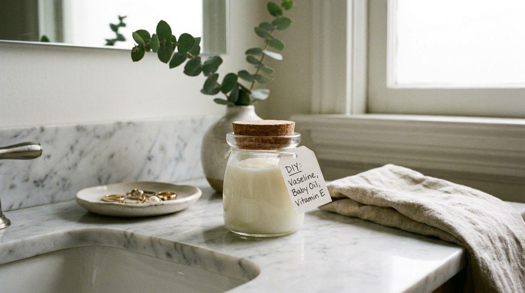 A small airtight container filled with the creamy white Vaseline baby oil and vitamin E blend on a vanity with soft ligh