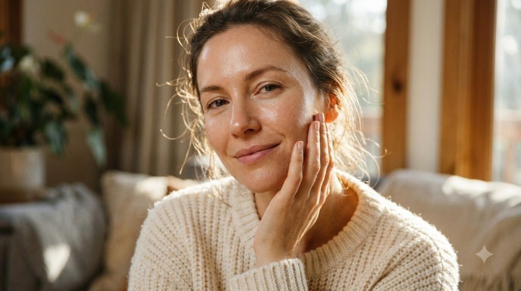 A woman gently touching her radiant hydrated face showcasing smooth and glowing skin in natural light