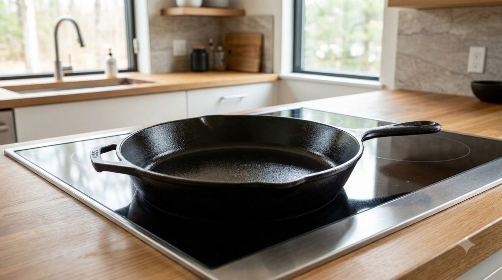 A gleaming clean cast iron pan sitting on a kitchen stovetop showcasing the after result of the cleaning hack