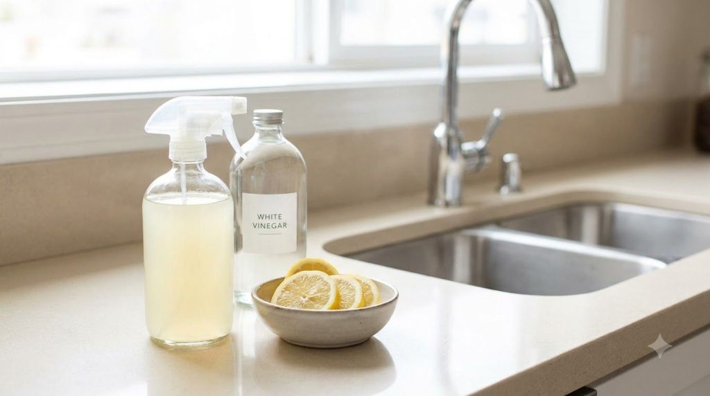 A spray bottle filled with a clear liquid a bowl of cut lemons and a bottle of white vinegar on a kitchen counter next t