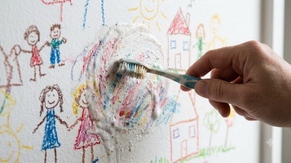 A child s crayon drawing on a white wall with a hand gently scrubbing it with a toothbrush and a small amount of toothpa