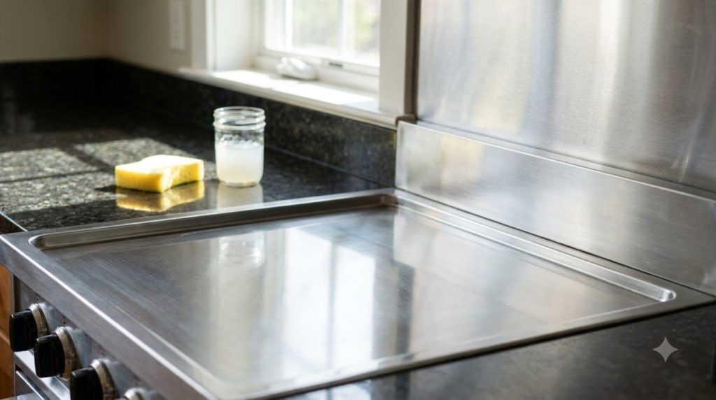 A gleaming spotless stainless steel stovetop and backsplash showcasing the after effect of a successful cleaning hack wi