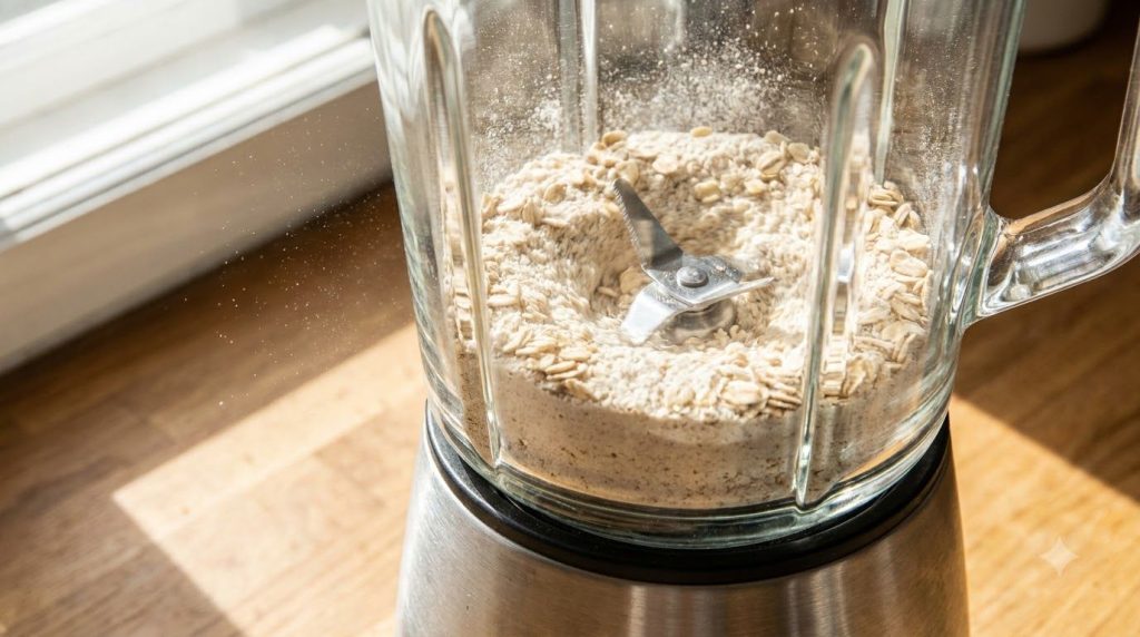 Blender with rolled oats being ground into fine oat flour