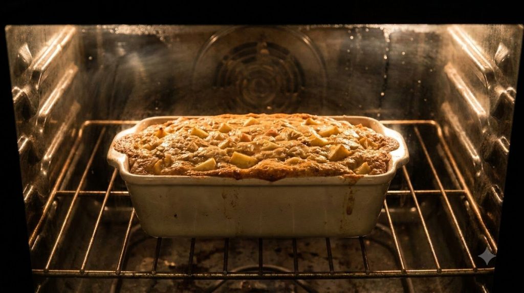 Apple oat bread baking in a loaf pan in the oven
