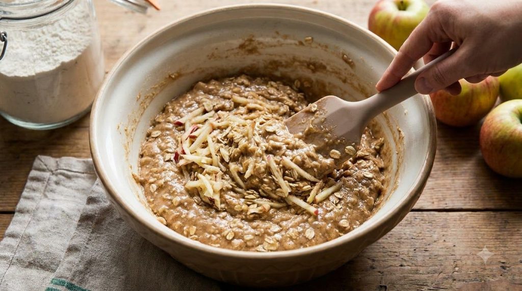 Bread batter with grated apple being folded in with a spatula