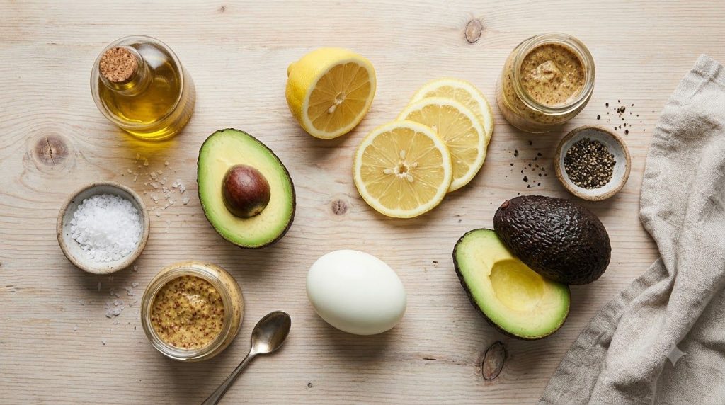 All ingredients for avocado egg mayonnaise laid out ripe avocados hard-boiled egg lemon olive oil Dijon mustard salt and
