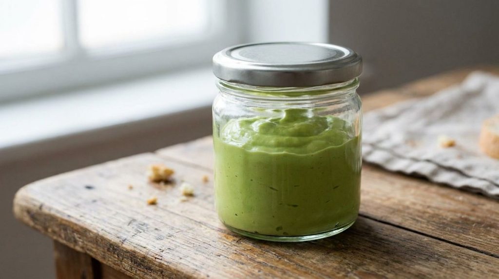 Creamy avocado egg mayonnaise in a glass jar ready for storage or serving