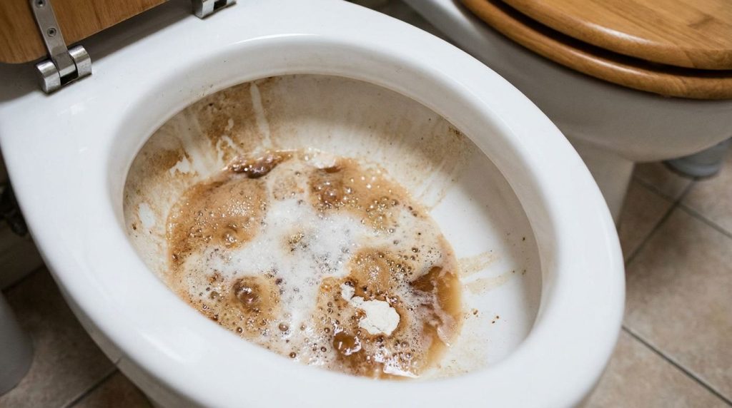 Bubbling Coca-Cola and baking soda mixture inside a dirty toilet bowl showing the effervescent reaction at work