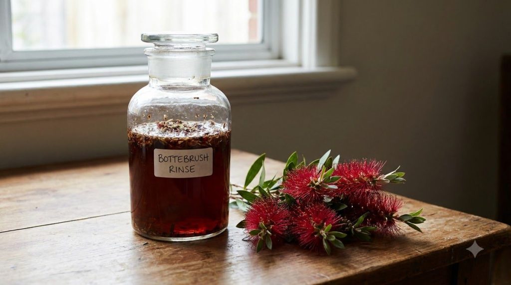 A clear glass jar filled with the reddish-brown bottlebrush flower rinse with some fresh bottlebrush flowers beside it