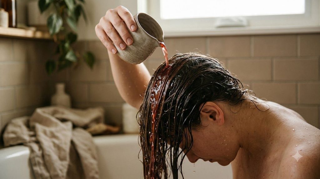 A person s hand applying the bottlebrush rinse to their hair after washing showing a natural practical use scene