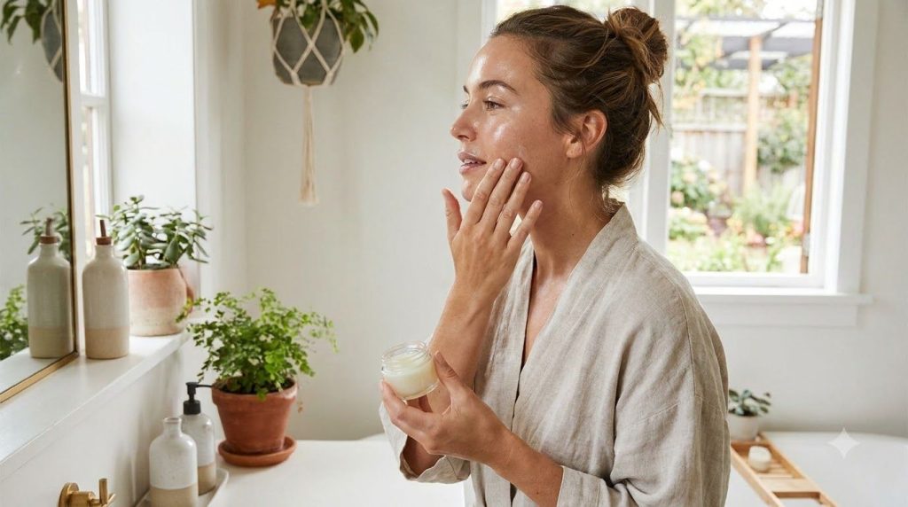 A woman gently applying a mixture of Vaseline and baby oil to her face after a cold water facial with soft glowing skin