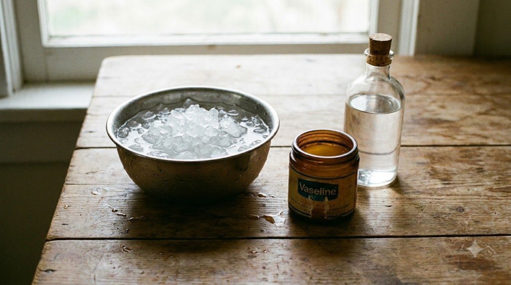 Ingredients for an ice water facial on a rustic wooden table a bowl of ice water a jar of Vaseline and a bottle of baby 