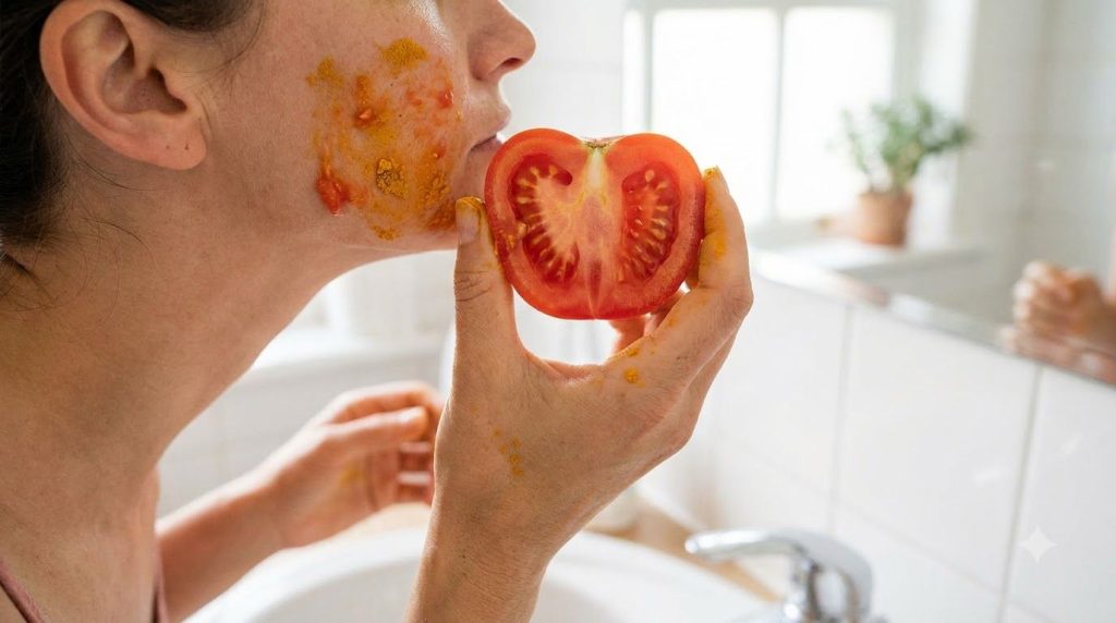 A hand gently rubbing a halved tomato sprinkled with turmeric powder onto facial skin to address dark spots