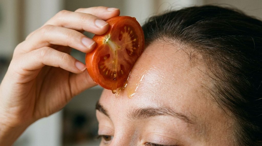 A hand applying a halved tomato with honey onto facial skin to promote a brighter complexion