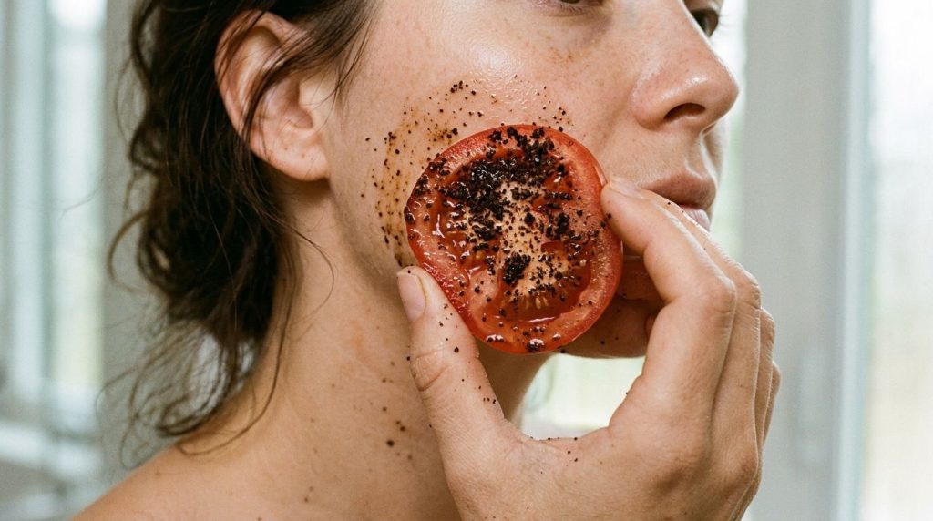 A hand gently exfoliating facial skin with a halved tomato topped with coffee grounds to remove dead skin