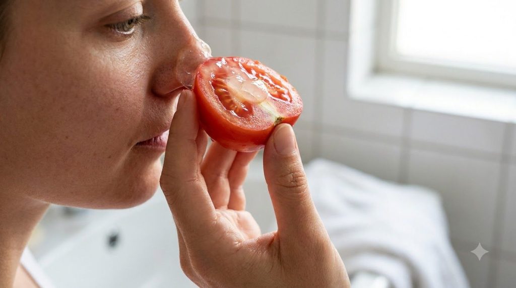 A hand gently rubbing a halved tomato with aloe vera gel onto facial skin focusing on areas with visible pores