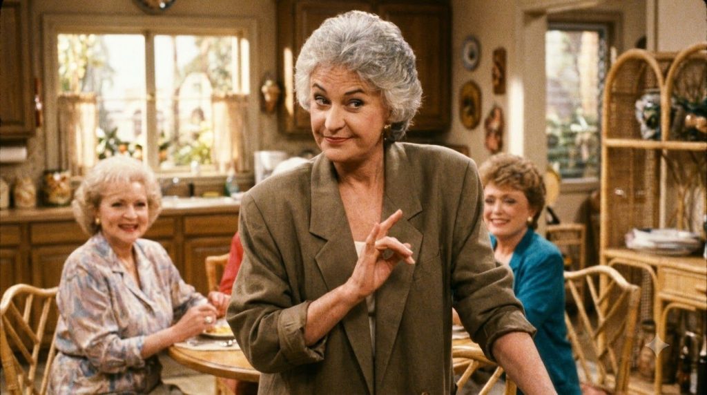 A real film still from The Golden Girls featuring Bea Arthur as Dorothy Zbornak perhaps with her costars showcasing her 