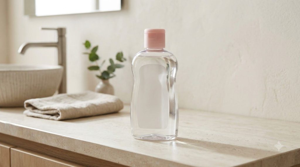 A generic bottle of baby oil on a clean bathroom counter with soft light reflecting off its surface