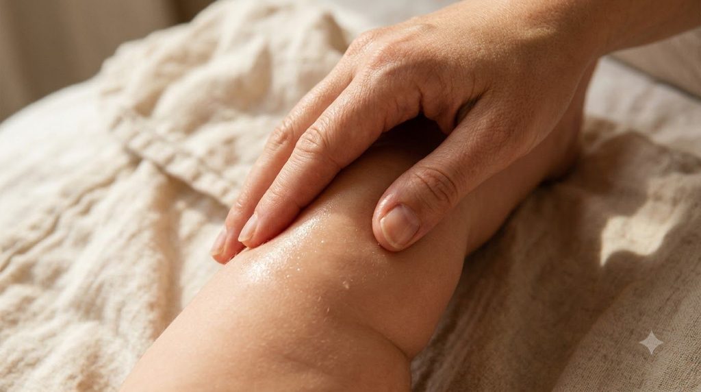 A close-up of a hand gently massaging baby oil into the skin showing a subtle sheen and softness