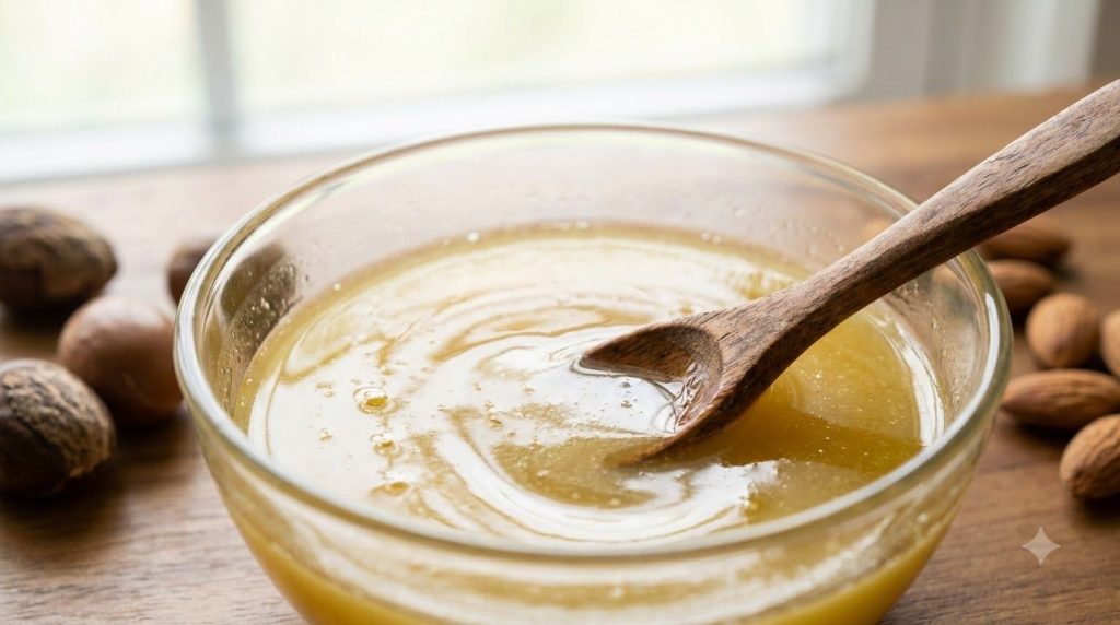 Close-up of a glass bowl with melted shea butter and almond oil being stirred together with a small spoon The ingredient