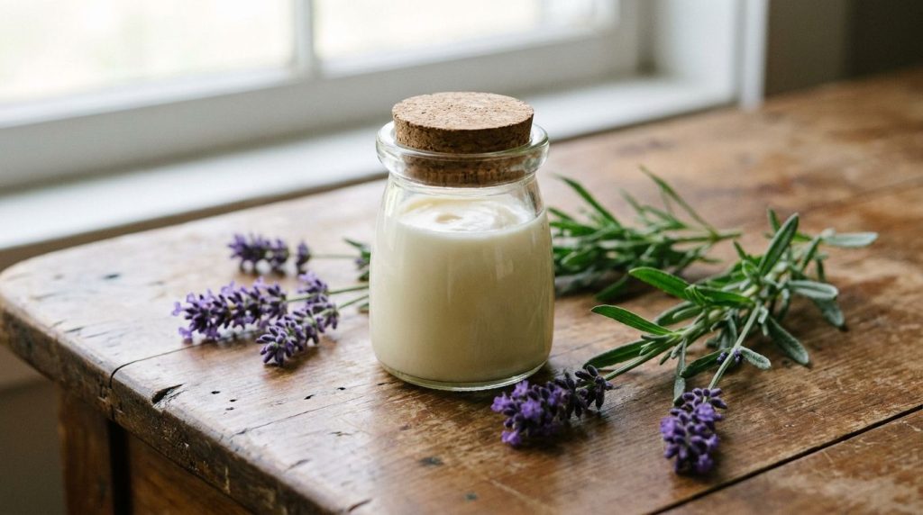 A small elegant glass jar filled with the finished homemade hand balm The balm looks smooth and creamy placed on a woode