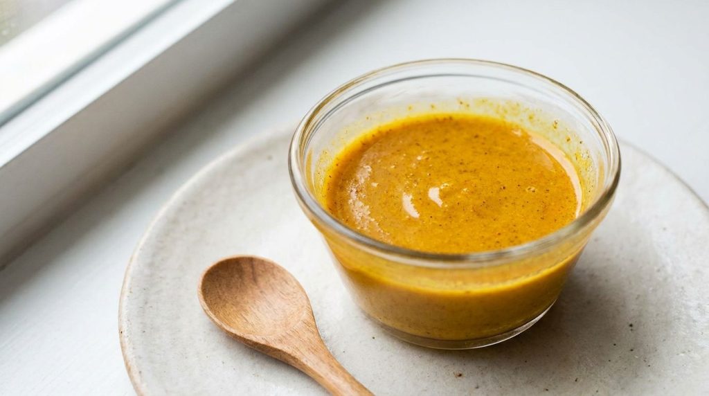 A small bowl with a golden-yellow honey and turmeric paste mixed and ready for application