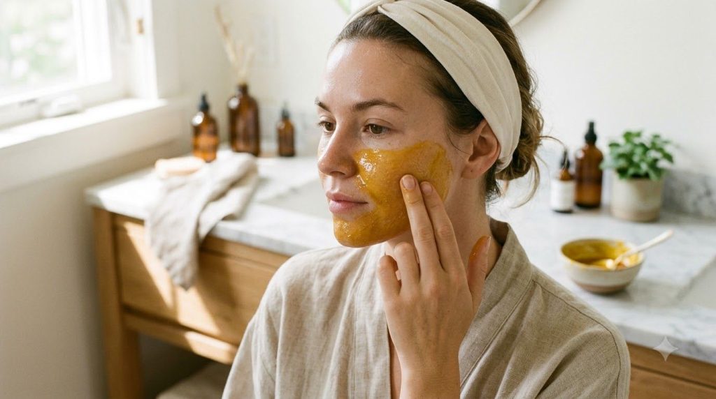 A woman gently applying a golden honey and turmeric face mask to her clean skin in a bright bathroom setting