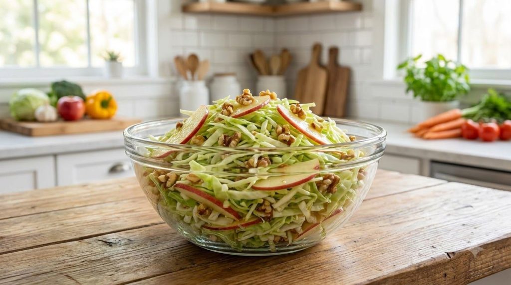 A light and crunchy bowl of Tangy Apple Walnut Coleslaw with green cabbage red apple slices and chopped walnuts tossed i
