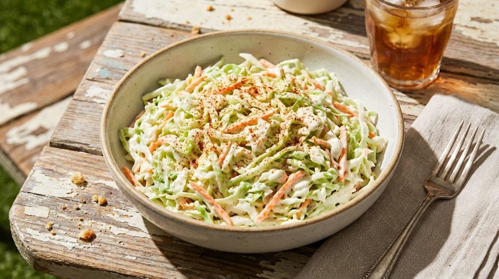 A bowl of classic creamy coleslaw with finely shredded green cabbage and carrots in a rich white dressing garnished with