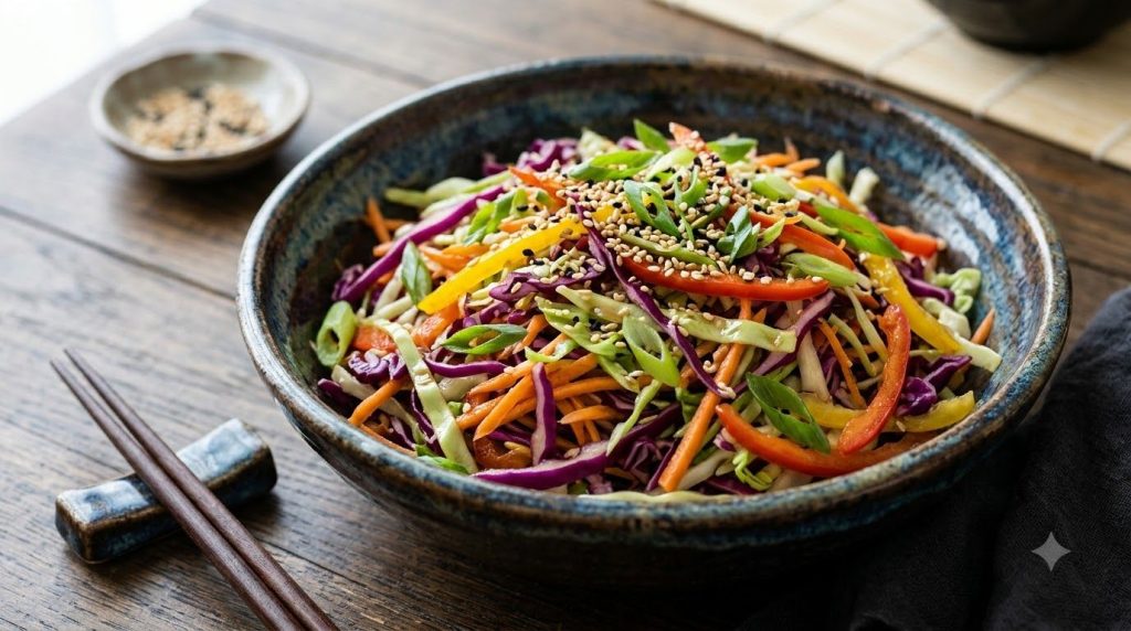 A vibrant bowl of Zesty Asian Coleslaw with thinly sliced red and green cabbage shredded carrots bell peppers and scalli