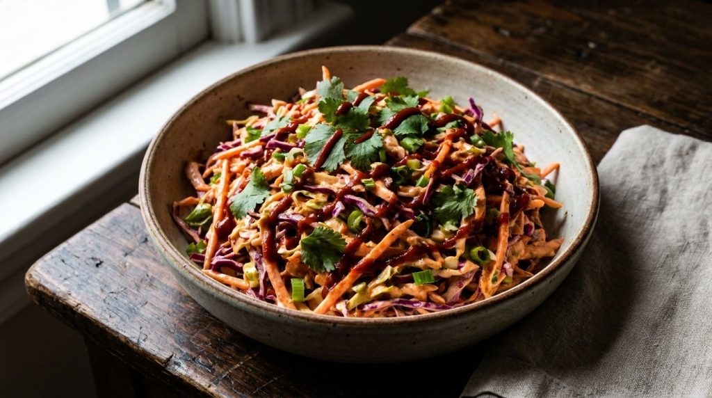 A fiery red bowl of Spicy Sriracha Coleslaw with finely shredded cabbage carrots and a creamy vibrant orange dressing ga
