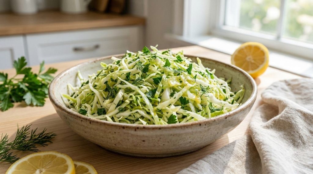 A fresh and light bowl of Herby Lemon Coleslaw with finely shredded green and white cabbage fresh parsley dill and a bri