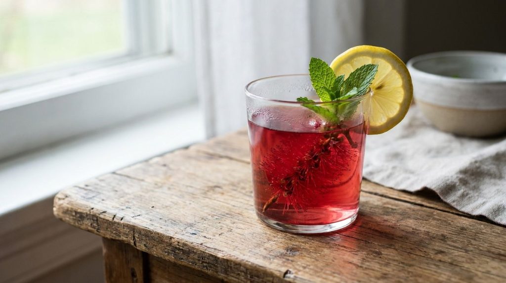A glass of bottle brush flower infusion garnished with a lemon slice and mint on a wooden table looking refreshing and i