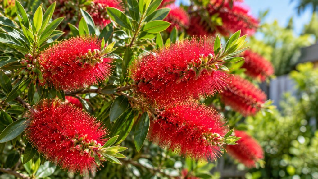 A close-up of a vibrant red bottle brush flower cluster on the plant showing healthy blooms with green leaves in a garde