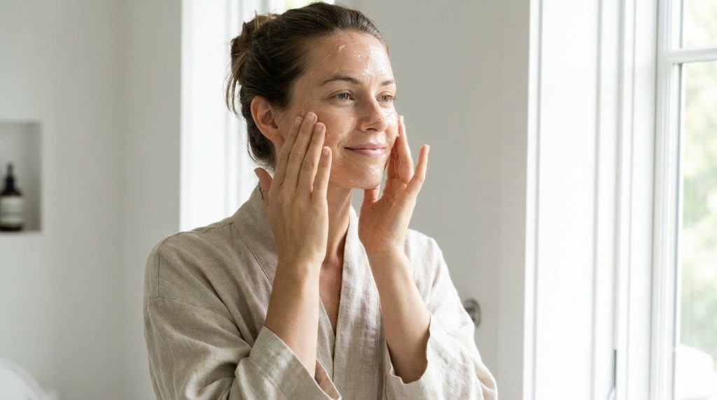 A woman gently applying a natural translucent aloe vera and honey mask to her face with her fingertips in a brightly lit